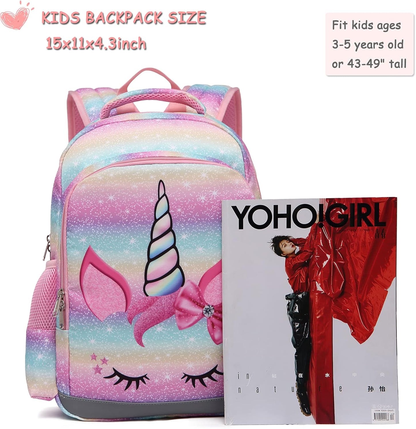 Octsky Backpack for Girls, Kids backpacks Preschool Kindergarten Bookbag Cute Lightweight With Chest Strap and Lunchbox (Unicorn)