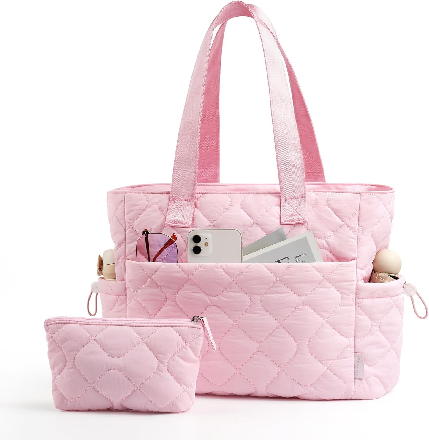 TOPEAST Tote Bag for Women Puffy Tote Travel Bag, Light 15.6" Laptop Work Handbag, Quilted Shoulder Bag Purse for Student Gym