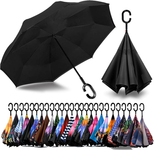 SIEPASA 49/56 Inch Inverted Reverse Upside Down Umbrella, Extra Large Double Canopy Vented Windproof Waterproof Stick Golf Umbrellas with C-shape Handle.