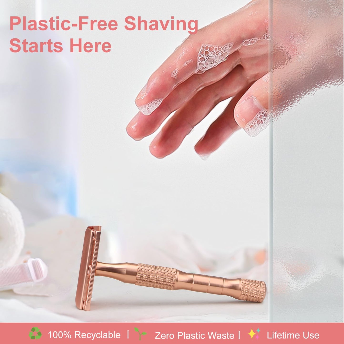 Rose Gold Safety Razor, Single Blade Razors for Women, Reusable Metal One Blade Razor Women, with 10 Stainless Steel Double Edge Blades, Eco-friendly, Smooth & Close Shave