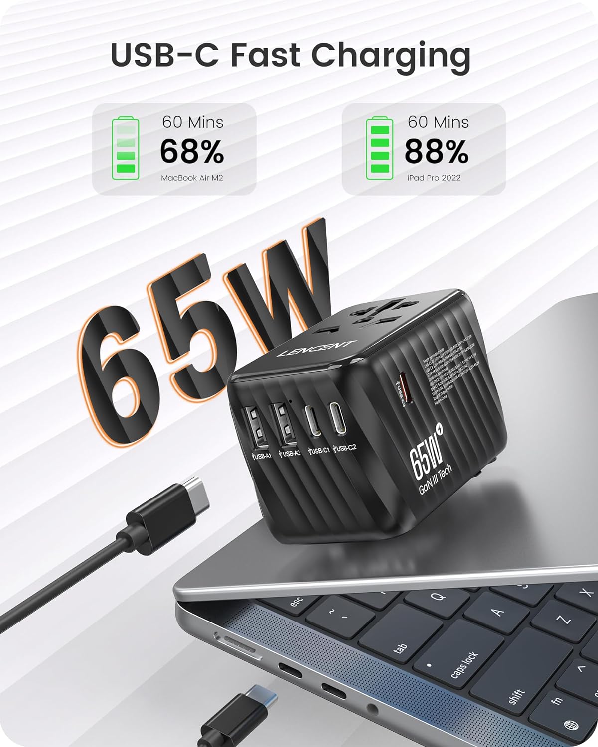 LENCENT International Travel Adapter, 65W GaN3 Universal Fast Charger with 2 USB A + 3 Type C PD, Worldwide Power Adaptor for Phones,Laptops, All in One Travel Essentials for EU/USA/UK/AU, Black