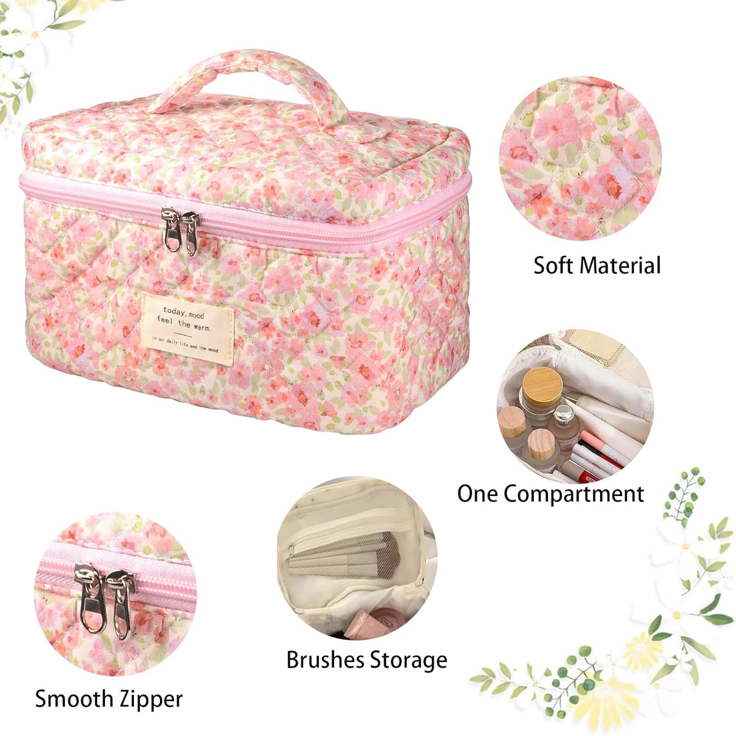Quilted Makeup Bag, Large Makeup Bag, Cute Cosmetic Bag for Women Girls, Floral Coquette Aesthetic Travel Toiletry Make Up Organizer Bag