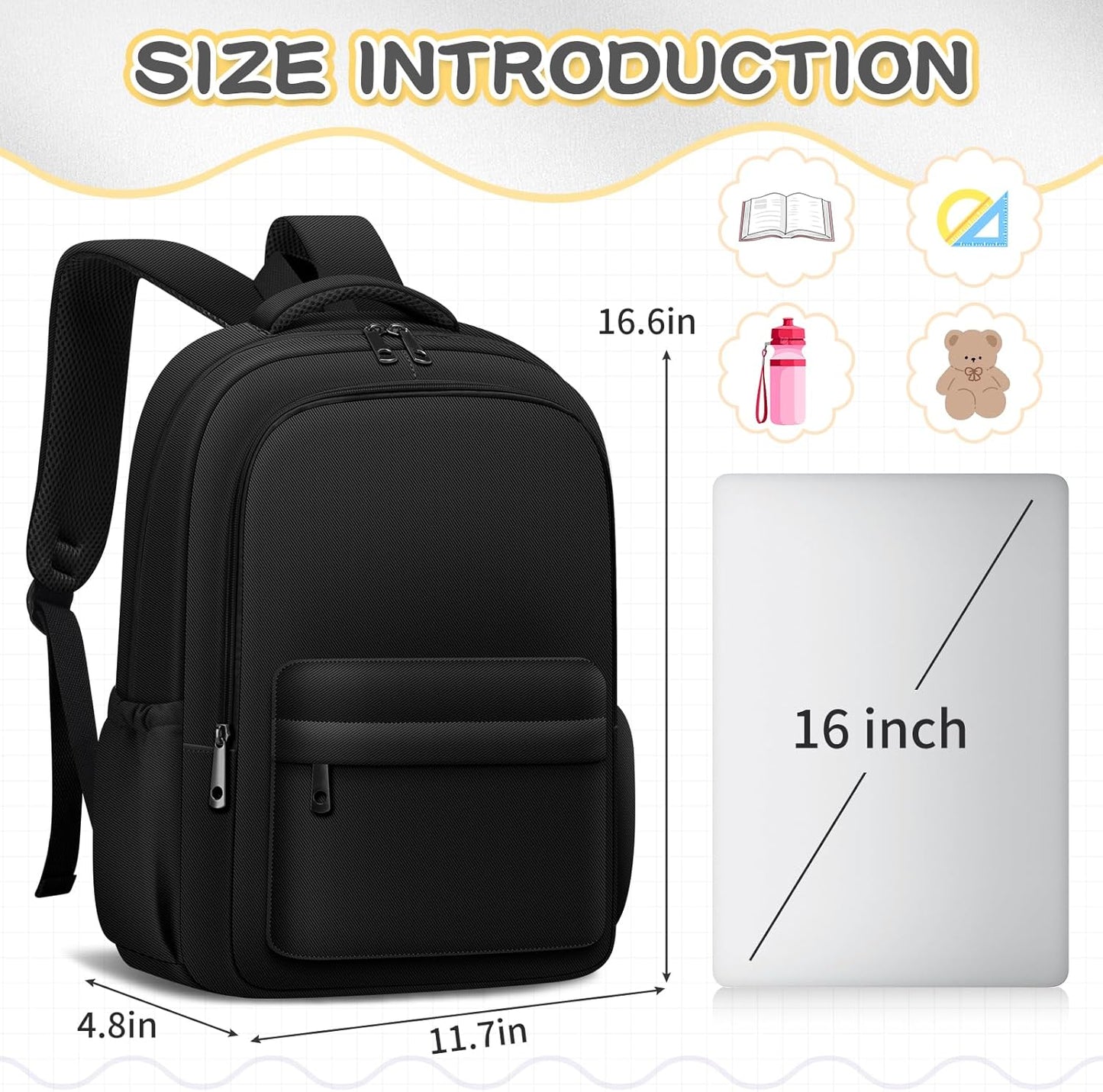 Aesthetic Cute Backpack for School Kids Bookbags Student Black Backpacks for Teen Girls Preppy Casual Middle School Bag