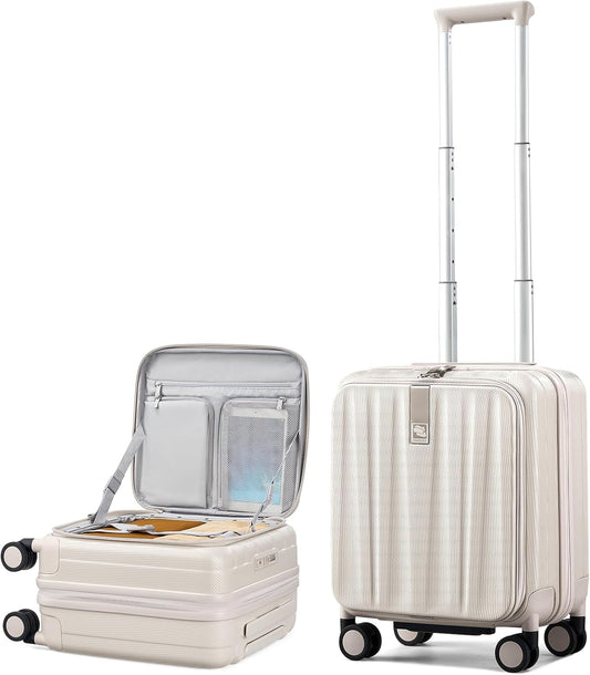 Hanke 16 Inch Expandable Under Seat Luggage with Wheels Top Opening Small Suitcase with Wheels Carry On Luggage Airline Approved Lightweight Hard Shell Suitcases for Weekender Overnight-Ivory White