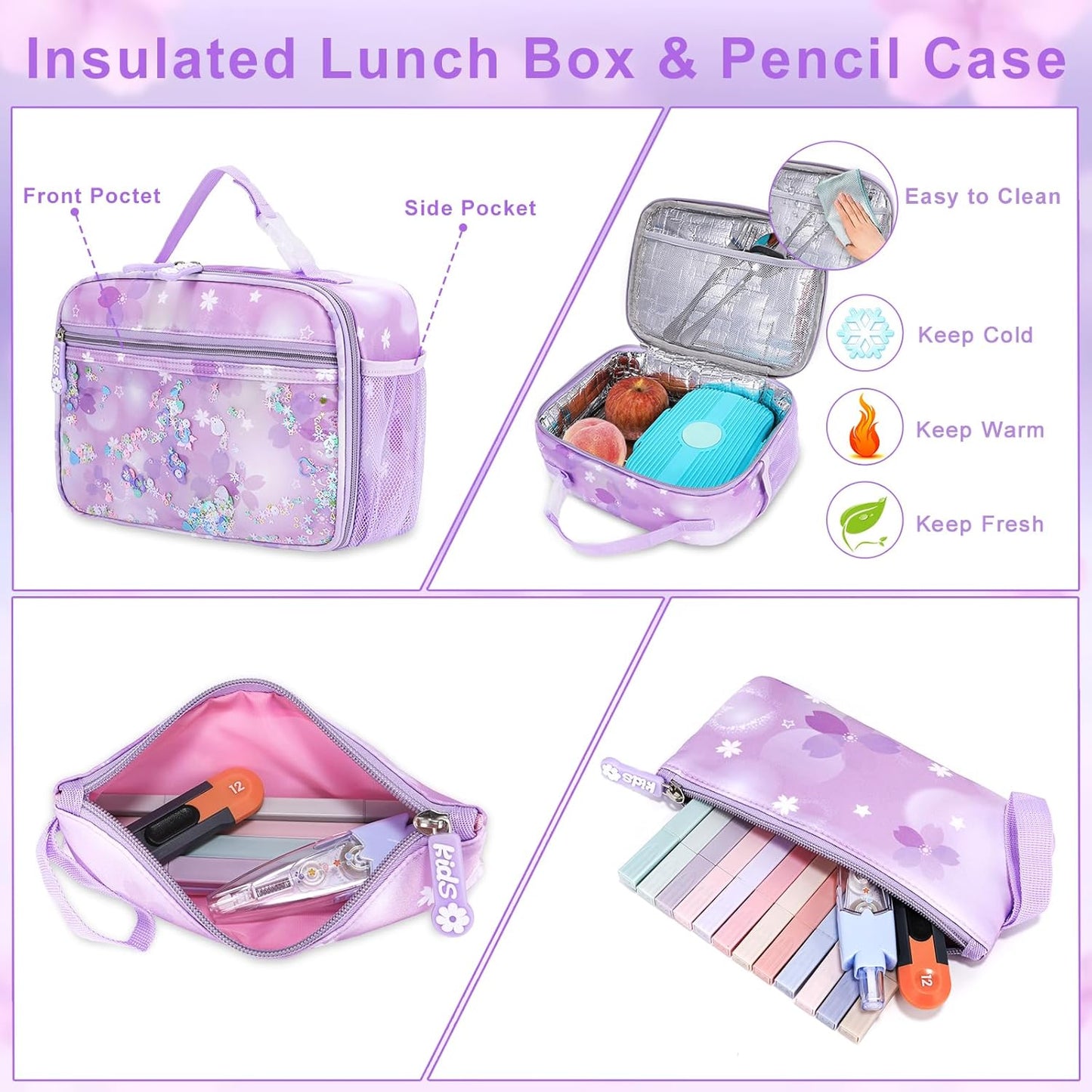 Backpack for Girls 3pcs Set, Kids Backpack for Girls with Lunch Box Pencil Case Set for Teens Elementary Middle School Bags (Purple-3 Piece Set-1)