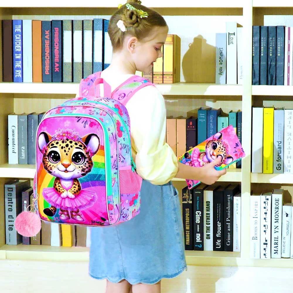 CCJPX 3PCS Ballet Backpack for Girls, 16 Inch Kids Leopard Water Resistant Preschool Bookbags, Cute