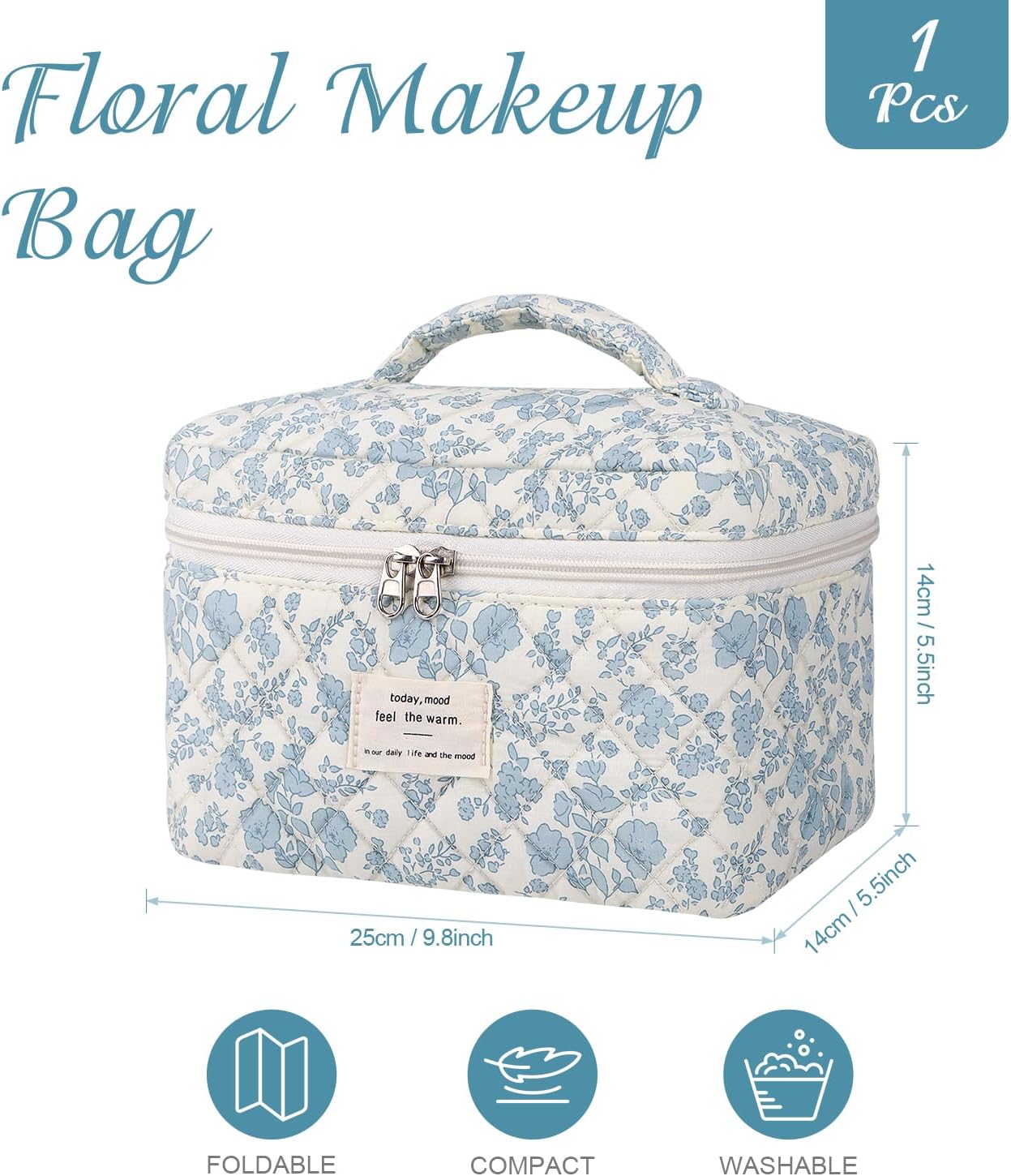 Large Makeup Bag, Cute Cosmetic Bag for Women Girls Floral Coquette Aesthetic Toiletry Bag Travel Make Up Organizer Bag (Blue)