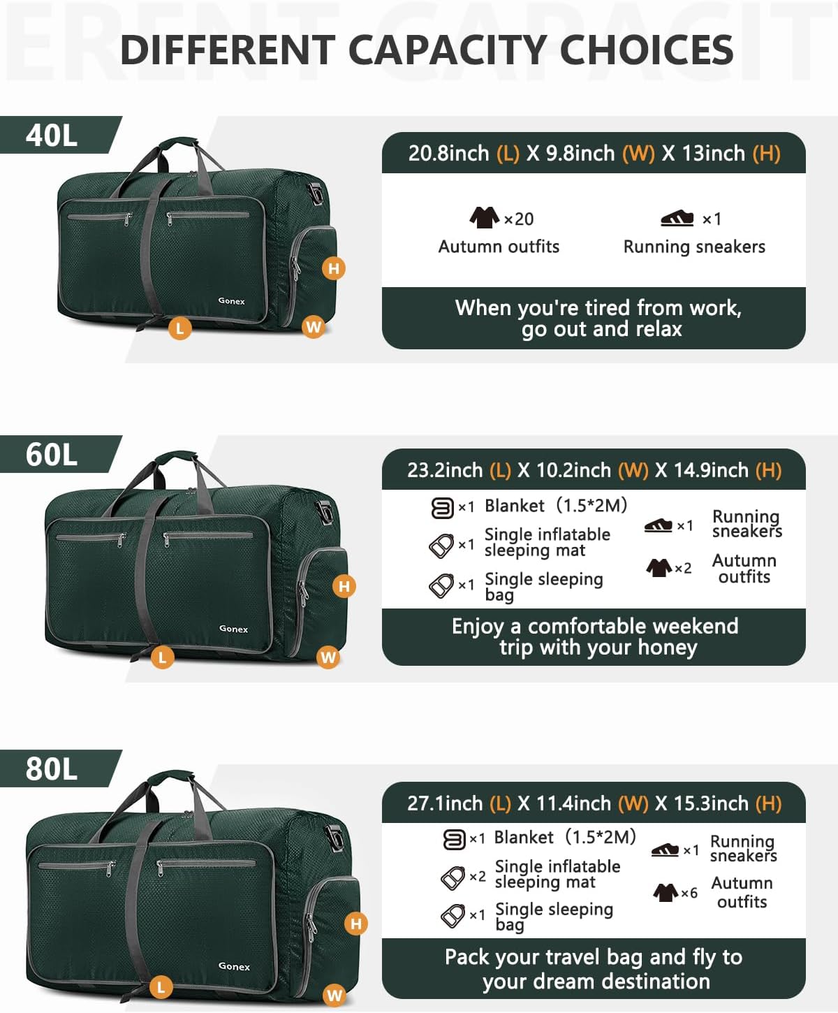 Gonex 40L 60L 80L 100L 150L Large Foldable Travel Duffle Bag with Shoes Compartment, Packable