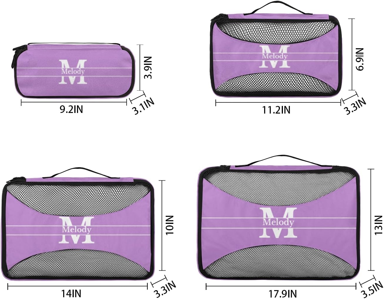 Custom Packing Cubes with Name - 4 Piece Packing Cubes Compression Luggage Suitcase Organizer Set, Lavender Purple with Initial Letter
