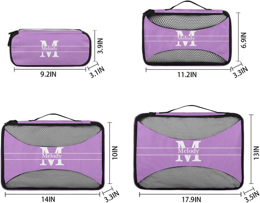 Custom Packing Cubes with Name - 4 Piece Packing Cubes Compression Luggage Suitcase Organizer Set, Lavender Purple with Initial Letter