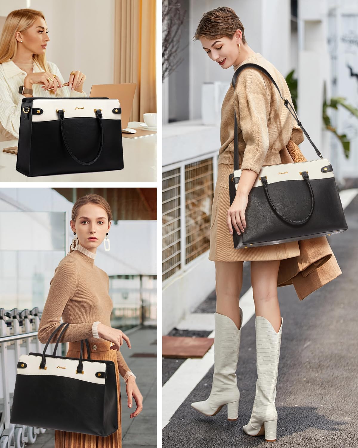 LOVEVOOK Laptop Tote Bag For Women Work, Vintage Leather Computer Bags For Laptops For Women, Waterproof Laptop Bag Business Briefcase Office Large Shoulder Handbag Purse, 17.3 Inch, Black-Beige