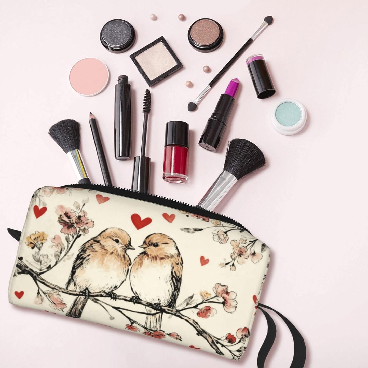 Vintage Lovebirds Floral Hearts Makeup Bag Organizer Compact & Durable Birds Travel Cosmetic Bag Oxford Fabric Impact-Resistant Multi-Purpose Storage Perfect for Travel, Gym, Daily Use