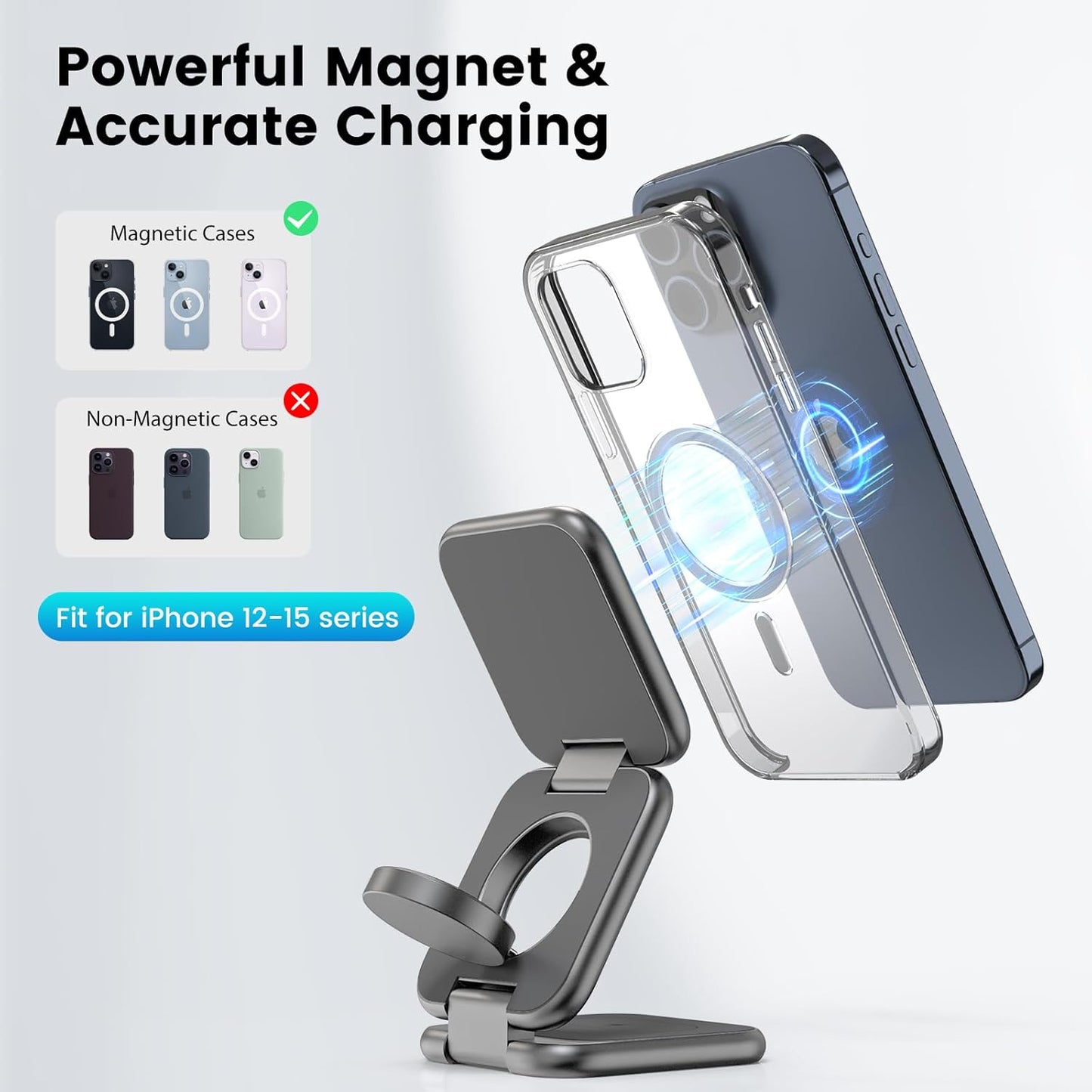 KU XIU X55 Plus 3 in 1 Charging Station for Apple Devices, Magnetic Foldable Wireless Charger 15W Fast Charging Pad for iPhone 16/15/14/13/12, for Apple Watch, for AirPods 3/2/Pro - Gray