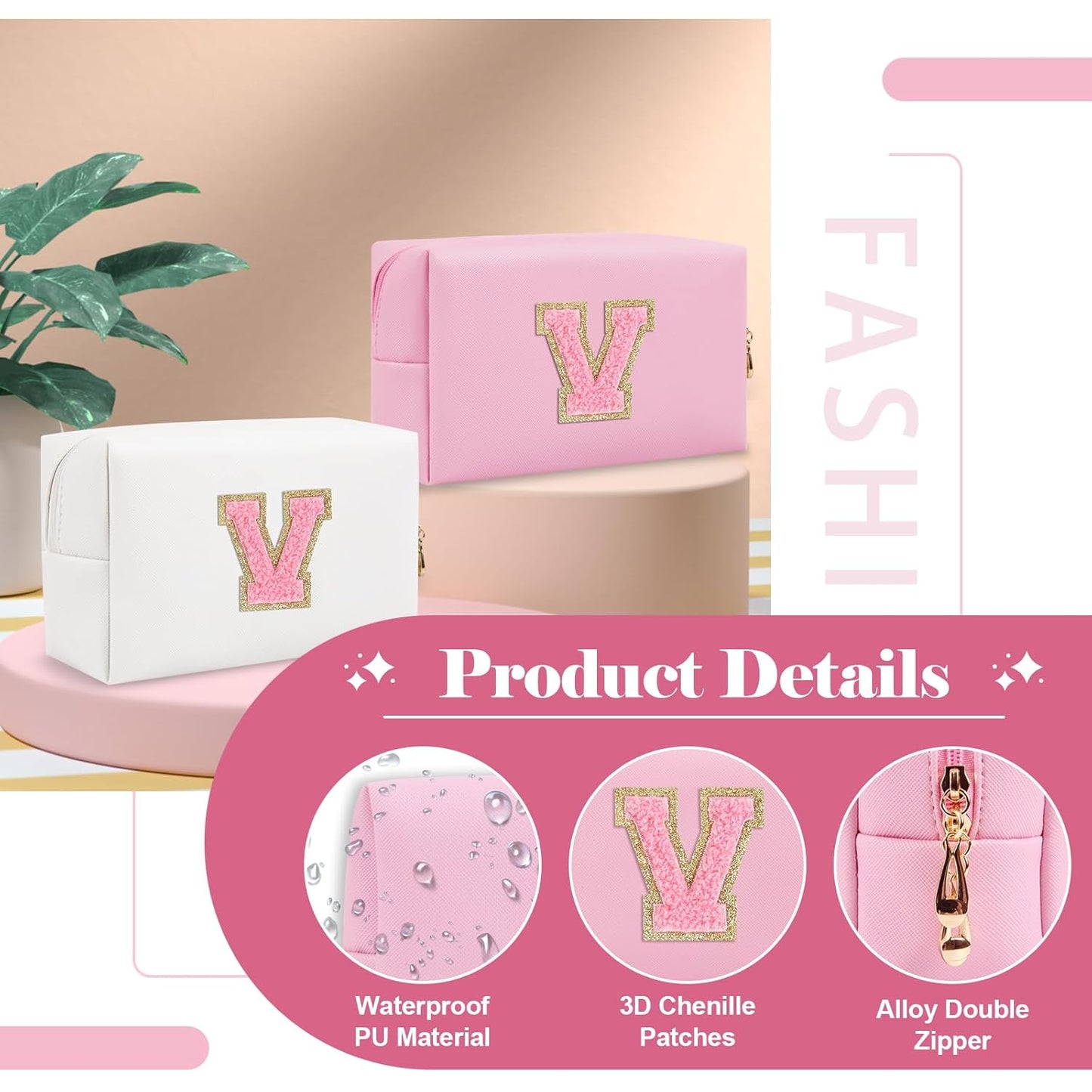 Personalized Initial A-Z Preppy Patch Makeup Bag,Small PU Leather Chenille Letter Cosmetic Bag with Zipper for Teen Girls,Pink Cute Travel Toiletry Bag,Birthday Monogrammed Gift for Daughter,Letter V