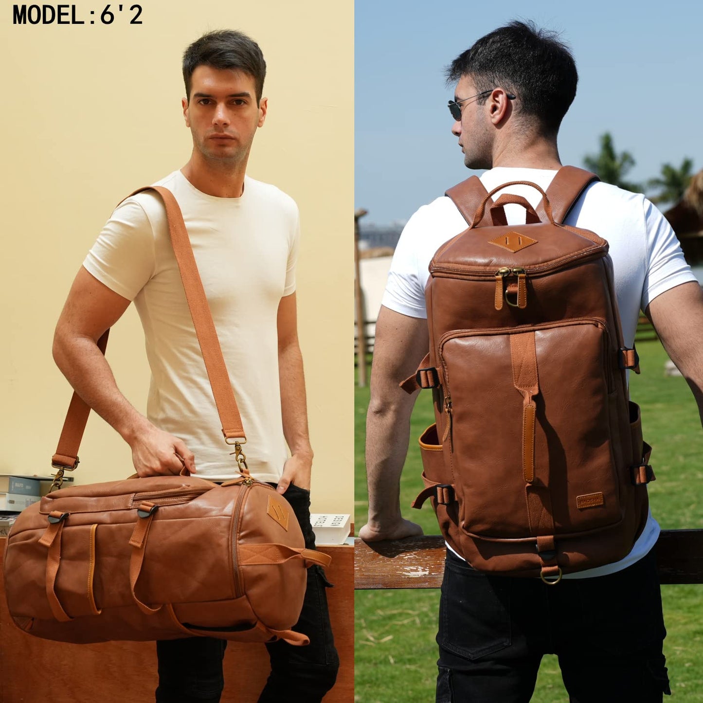 Baosha Stylish Vegan Leather Men Weekender Travel Duffel Tote Bag Backpack Travel Hiking Rucksack