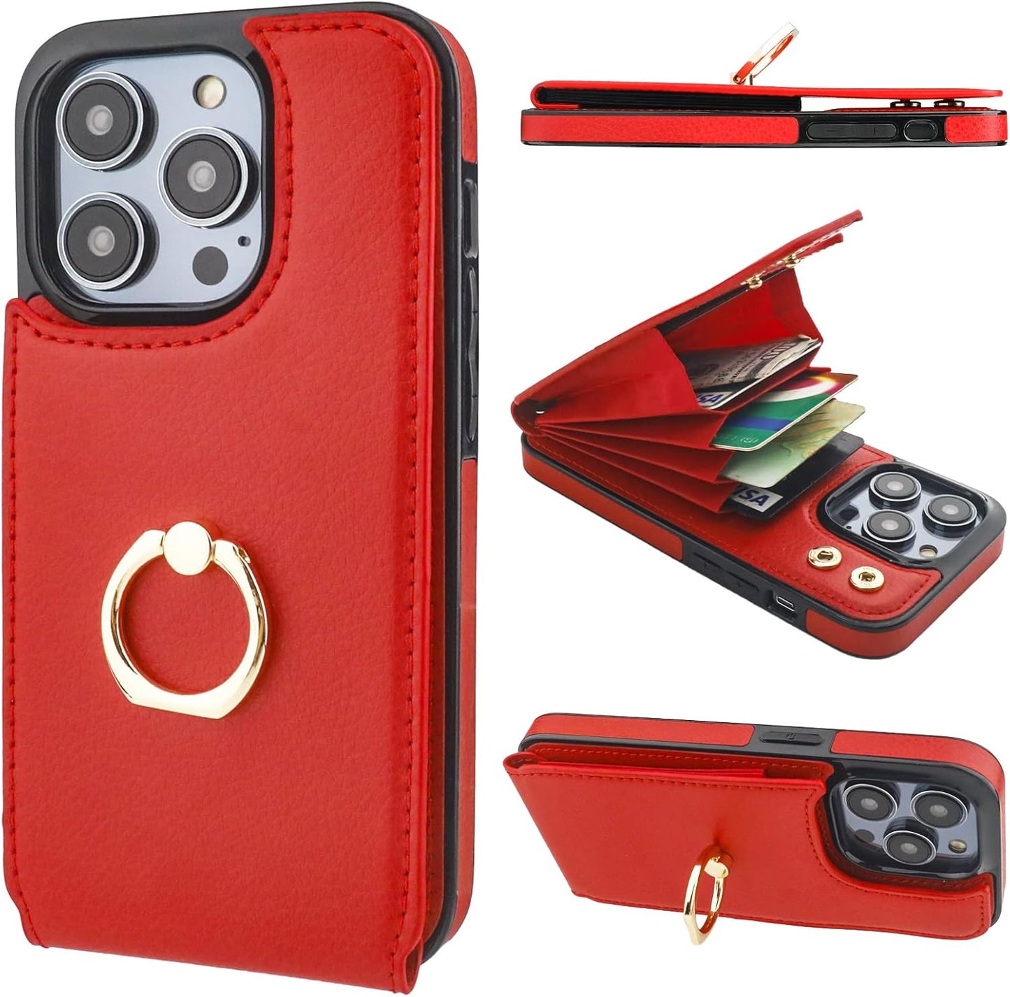 Folosu Compatible with iPhone 14 Pro Case Wallet with Card Holder, 360°Rotation Finger Ring Holder Kickstand, RFID Blocking Leather Protective Double Buttons Shockproof Cover 6.1 Inch Red