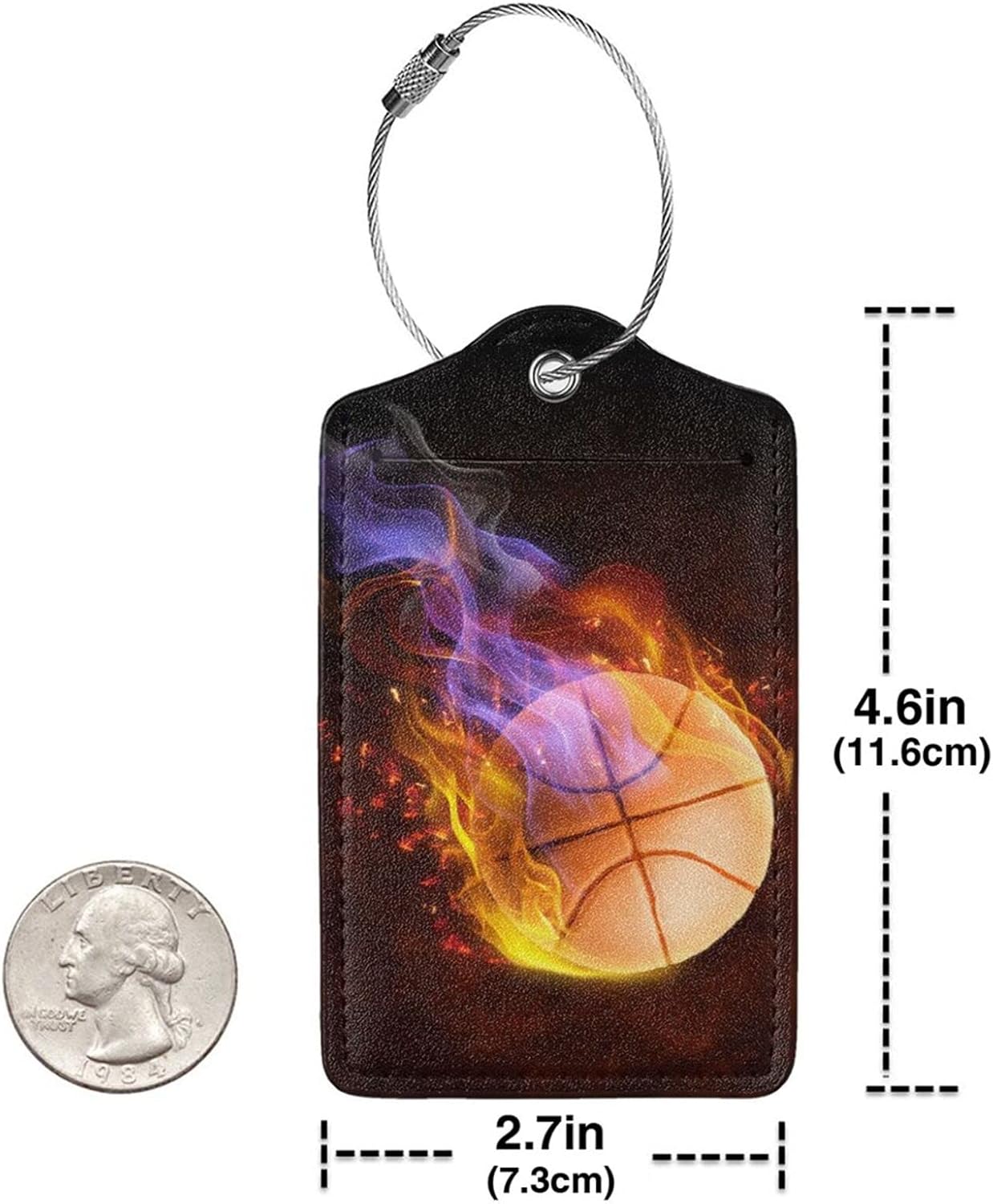 Set of 2 Sports Luggage Tags with Fire Basketball Pattern, Leather Suitcases Tag with Stainless Steel Ring for Backpack Baggage, Cool Travel Labels with Name ID Card Cover for Kids Teens Adults