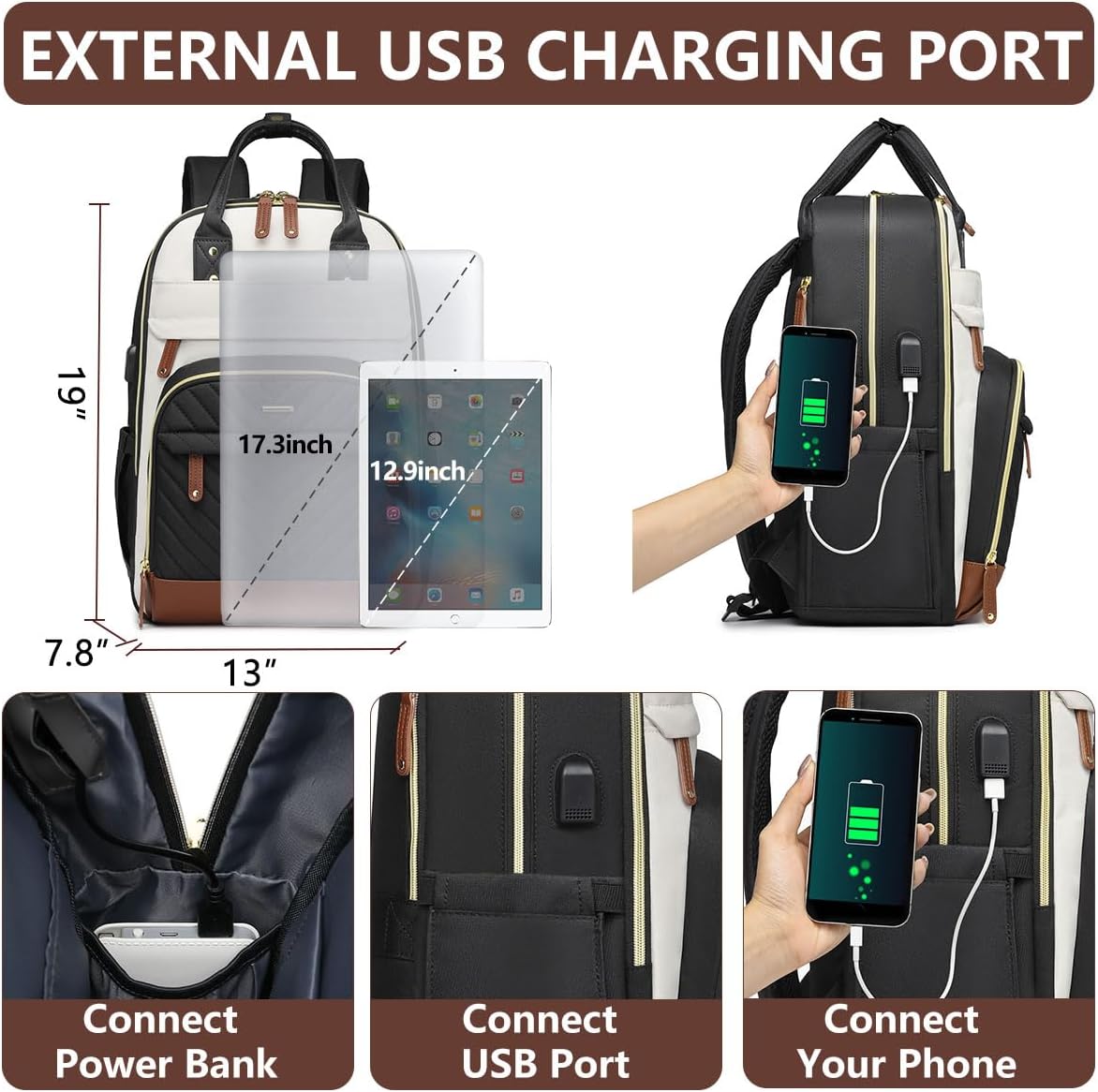 Laptop Backpack for Women College Bookbag - 17.3 Inch Fashion Travel Work Bag with USB Charger Anti-theft Business Backpacks for Nurse Teacher Beige Black Brown