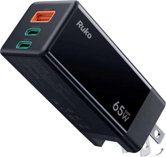 Ruko PD65W USB C Charger, 3-Port GaN Fast Charger Block, Compact Foldable Wall Charger for iPhone 17/16, MacBook Pro/Air, Galaxy S24, Pixel, Drone, Switch and More, Black