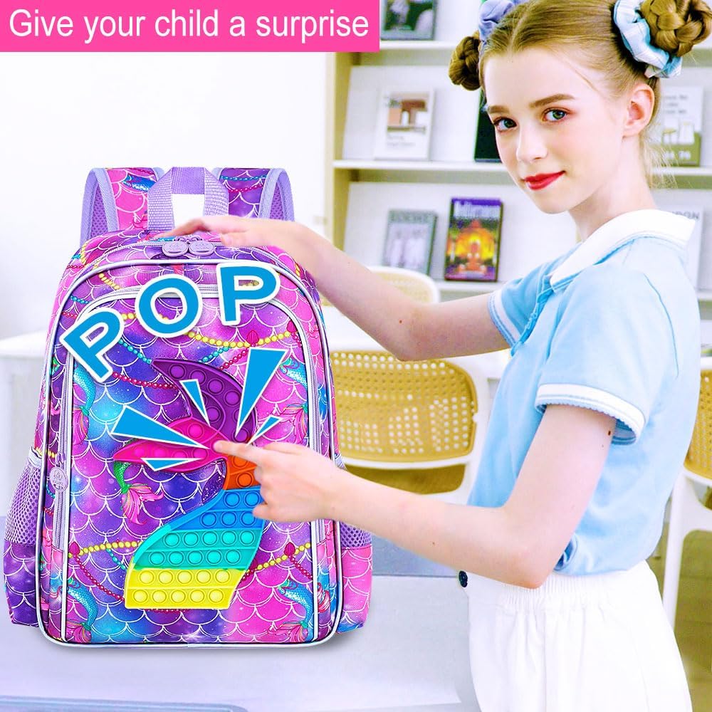 AGSDON 3PCS Mermaid Backpack for Girls, 16" Kids Backpacks with Lunch Box, Water Resistant Girl Bookbag for School Elementary