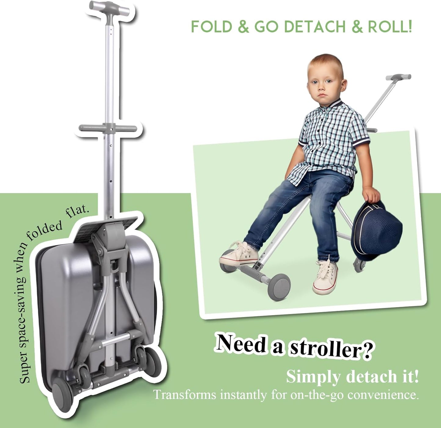3-in-1 Carry On Luggage with Removable Cart | 20” Hardside Suitcase, Detachable Travel Tote & Foldable Utility Cart with 3 Adjustable Heights | for Adults, Kids, Shopping & Travel | 42L, 5KG (Green)