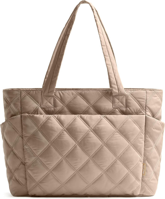 Tote Bag for Women, Lightweight Puffer Tote Work Bags with Compartments for Travel, Quilted Shoulder Bag with Zipper