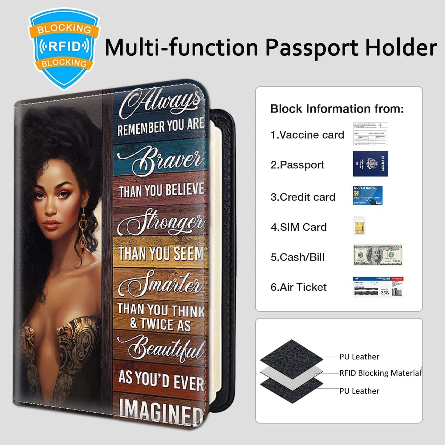 Passport Holder Women Wallet with Luggage Tag, Leather Passport Cover with RFID Blocking, Travel Accessories Multi Card Slot Passport Case for Men，African Girls Inspirational Quotes