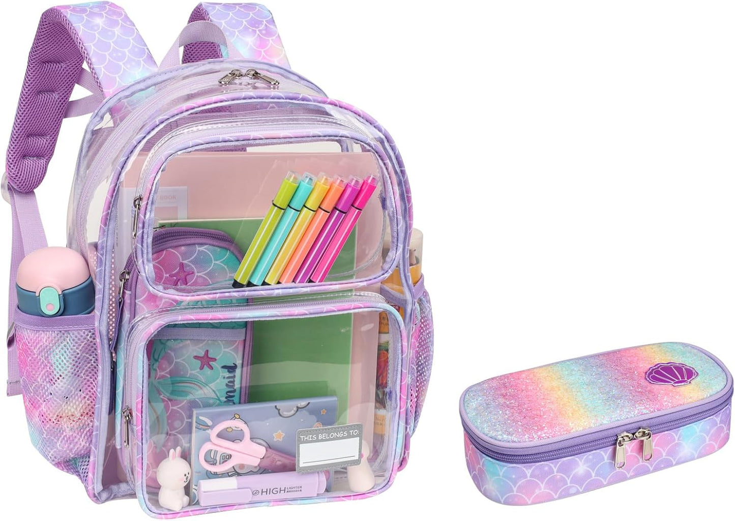 Bagseri 2pcs Clear Backpack for Girls - 15 Inch Backpack and Pencil Case Set, Heavy Duty Transparent Bookbag for School, See Through Bag for Kids Aged 3 to 8, Purple Mermaid