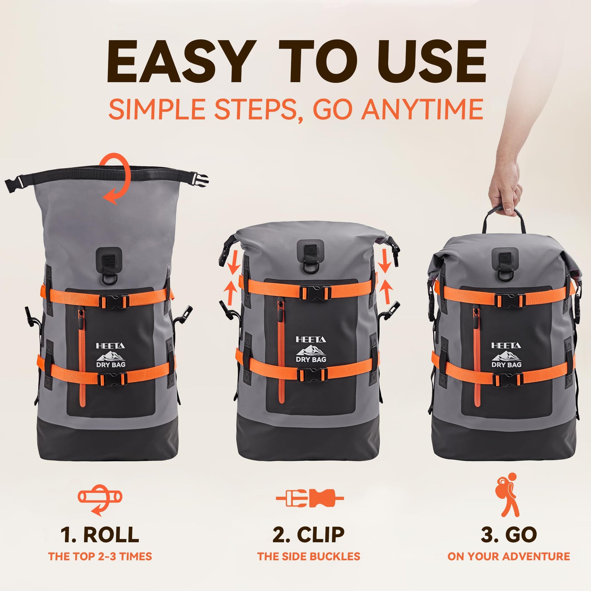HEETA Dry Bags Waterproof Backpack 40L for Men & Women, Roll Top Heavy Duty