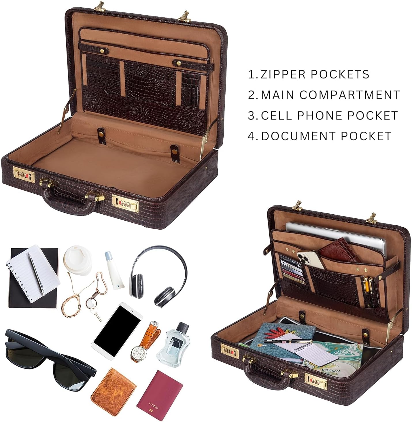 Full Grain Leather Briefcase Attache Case For Unisex Size L18 x W5 x H12 Inches Expandable Briefcase Bag