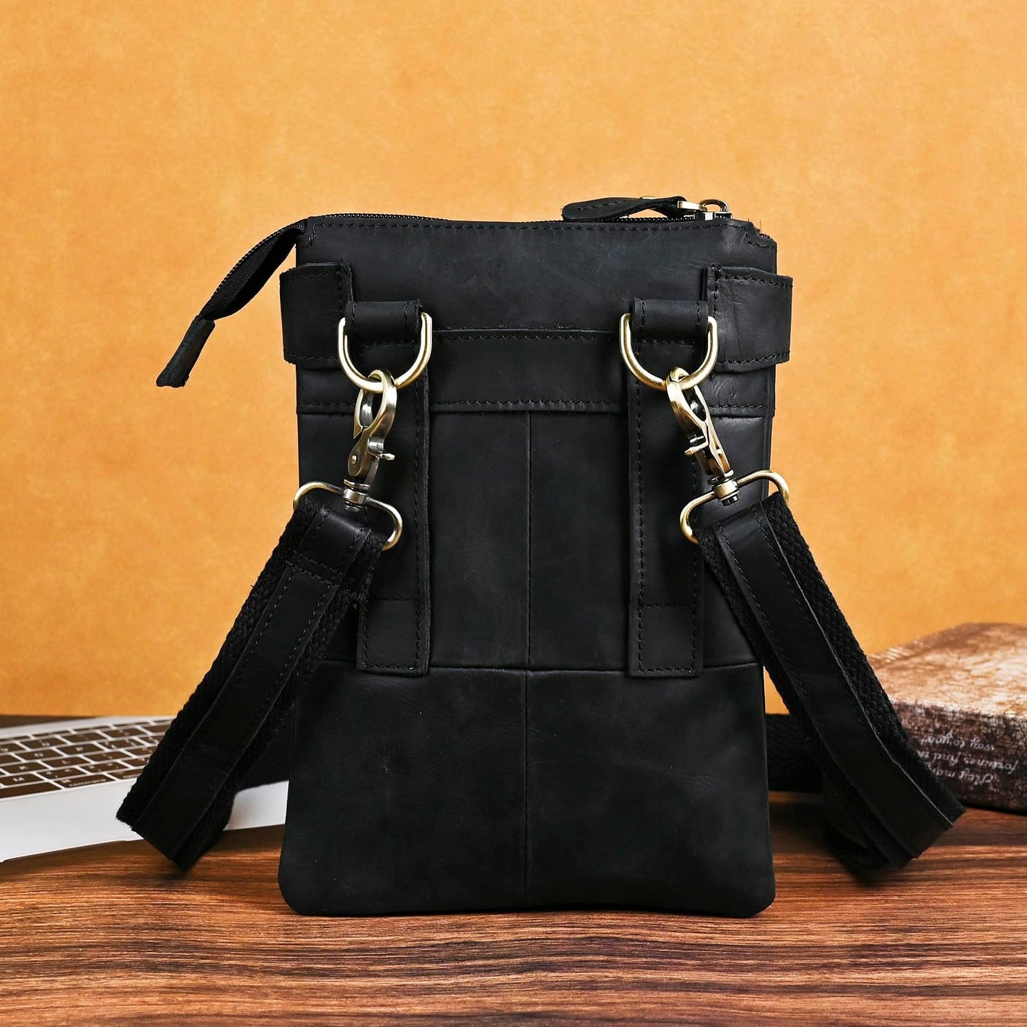 Men's Genuine Leather Small Messenger Shoulder Satchel - Adjustable Waist Bag