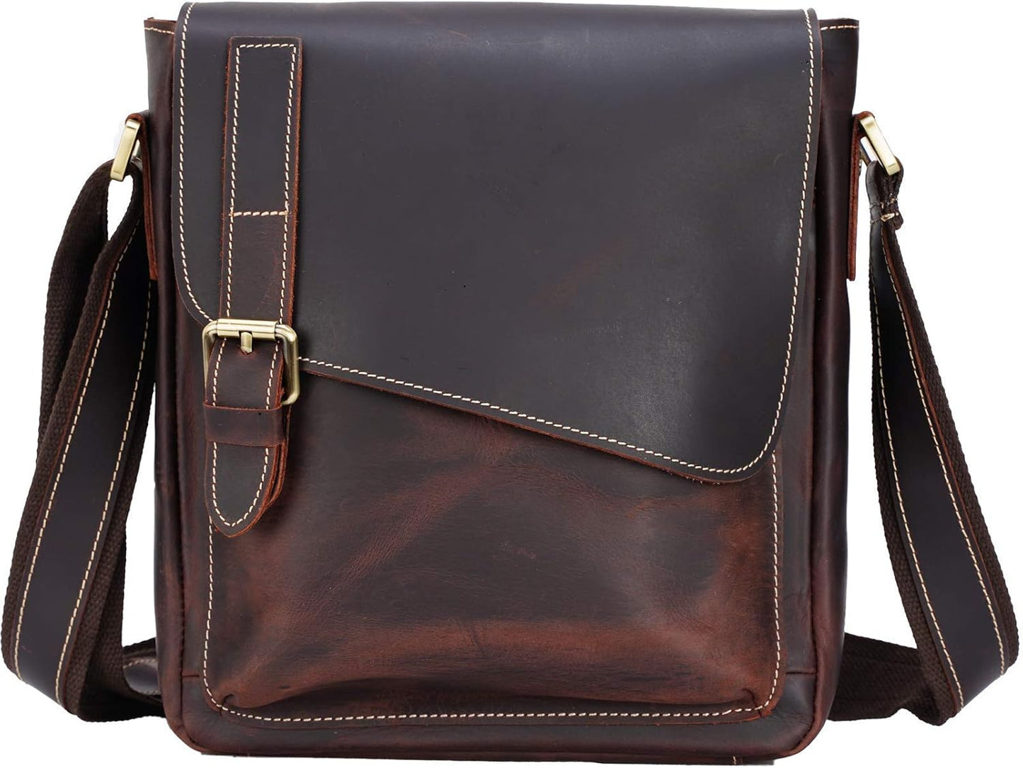Masa Kawa Leather Messenger Bag Small Crossbody Shoulder Bag for Men Women Flap Over Man Purse Fits