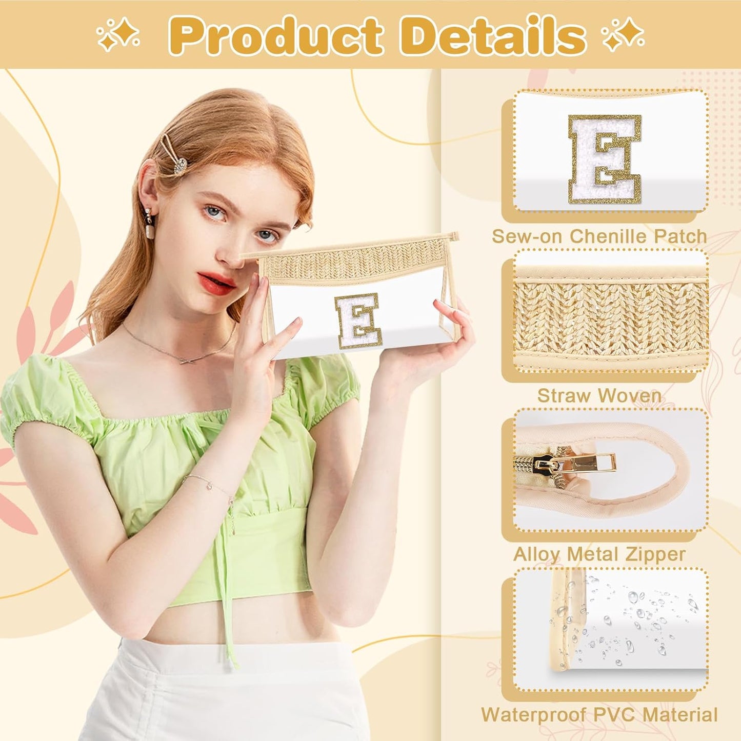 Personalized Initial Letter Bag Boho Straw Clear Makeup Bag,Small Cute Chenille Varsity Letter Bag With Zipper,Beach Travel Toiletry Bag,Portable Monogrammed Cosmetic Bag for Women Girls,E