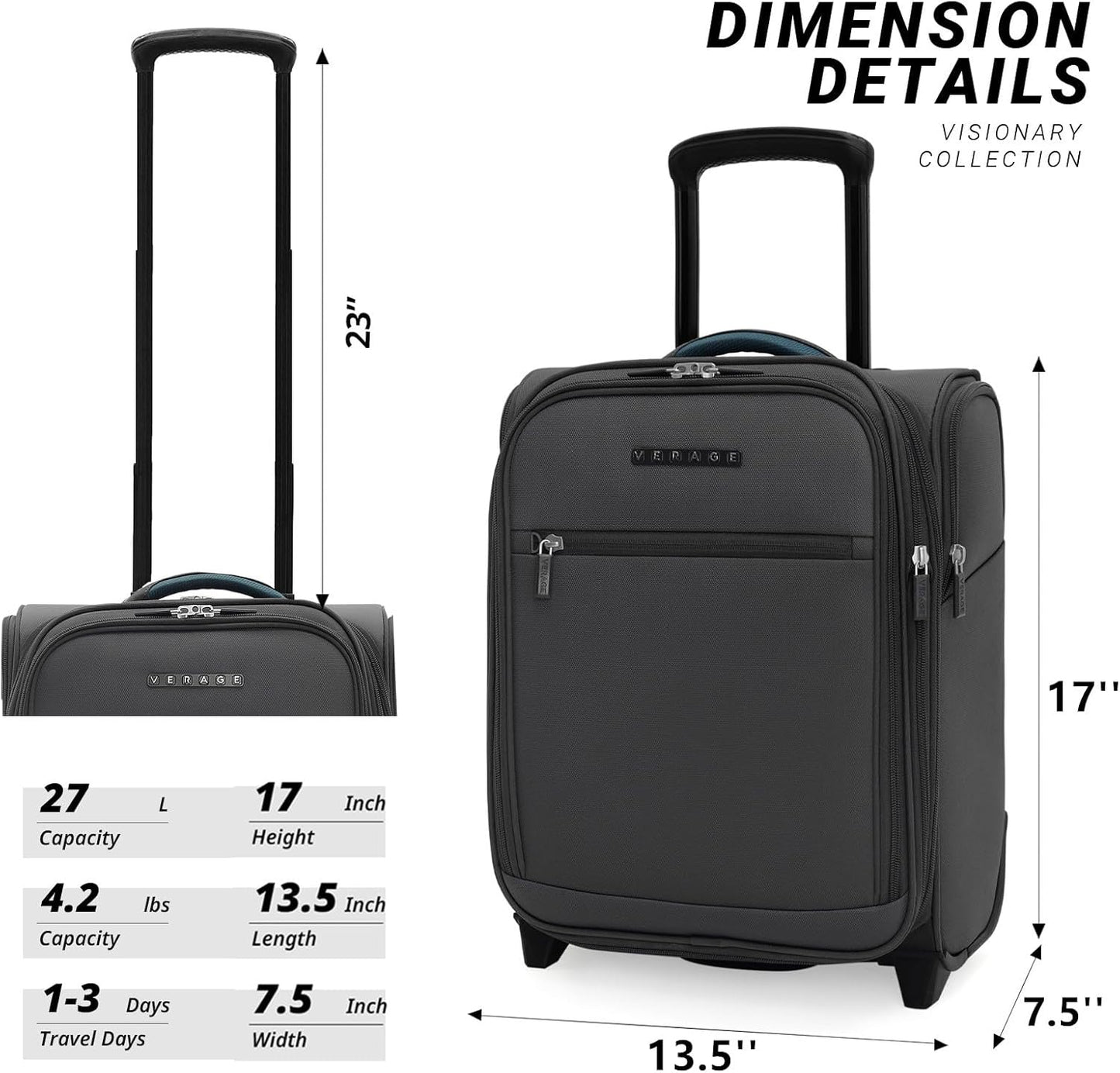 Verage Carry On Underseat Luggage with 2 Wheels & USB Port, 16 Inch Wheeled Spinner Bag Carry-on Luggages for Airlines, Lightweight Suitcase Men Women, Pilots and Crew(16-Inch Rolling Underseat Pro)