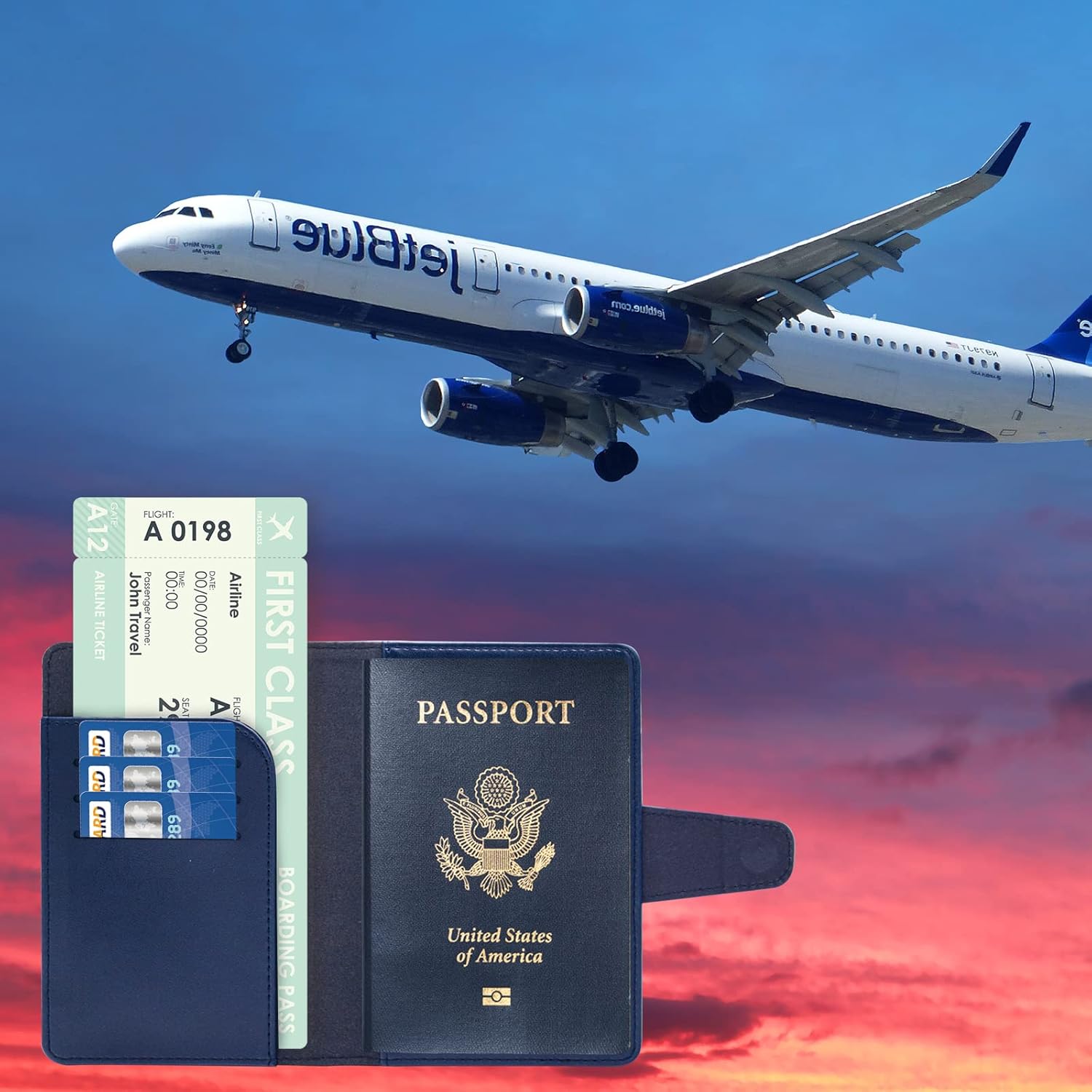 RFID Blocking Genuine Leather Wallet Passport Holder for Travel with Credit Card Slots and Ticket