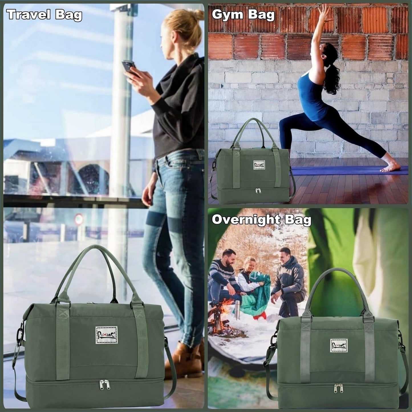 Large Travel Duffle Bag Weekender Bags for Women with Shoes Compartment, Travel Duffel Tote Carry on Overnight Bag for Travel Business Trips, Sport Yoga Gym Bag with Wet Pocket (Olive Green-A)