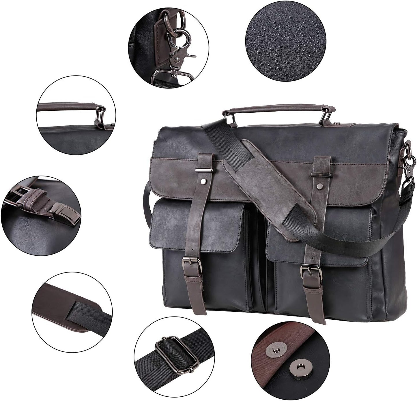 seyfocnia Men's Vintage Black 17.3 Inch Water Resistant PU Leather Laptop Bag, Messenger Bag