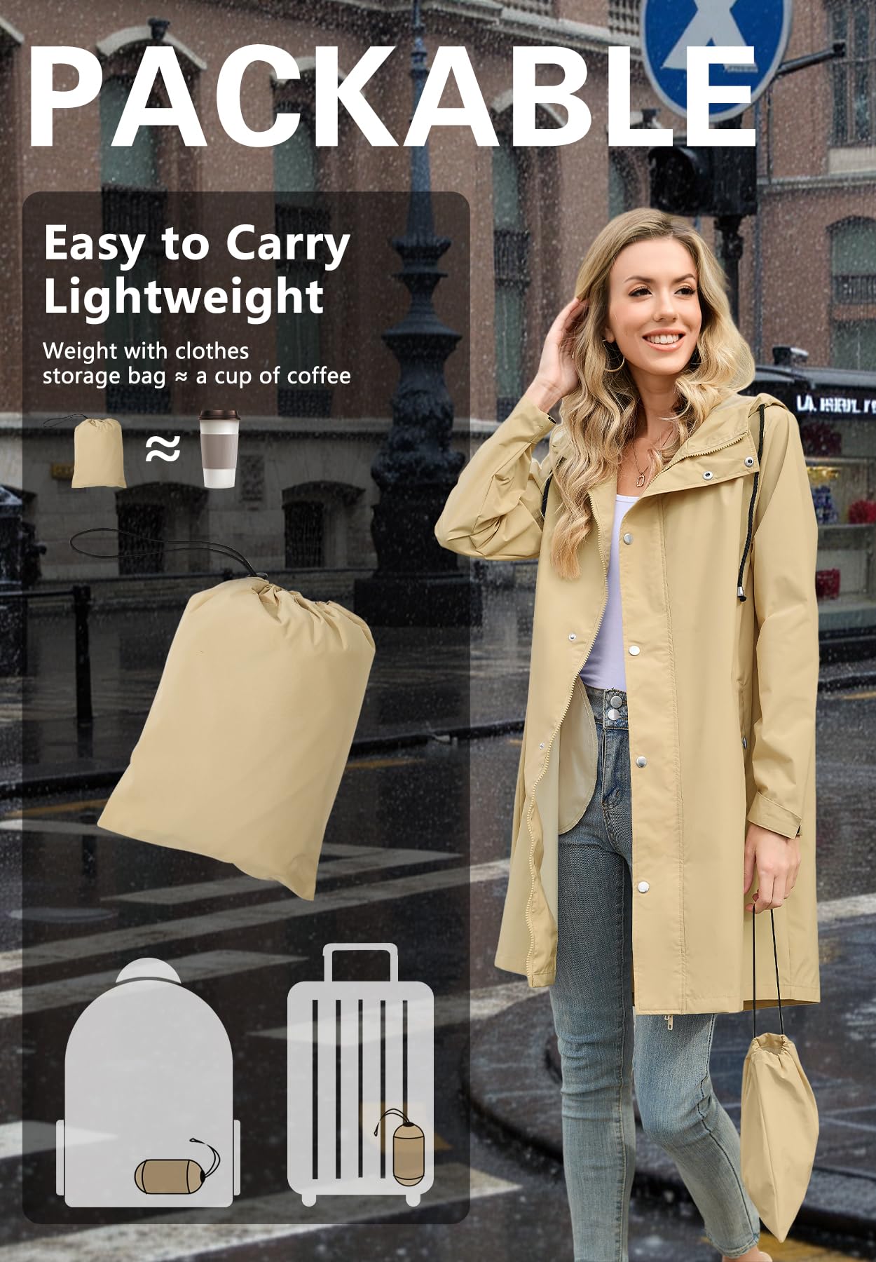 Zando Packable Rain Jacket Women Lightweight Travel Raincoat Khaki XL