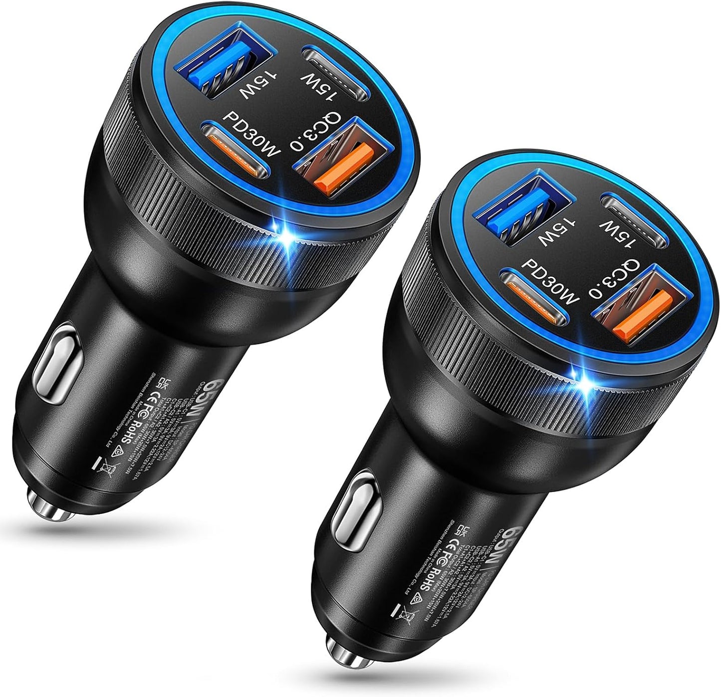 Car Charger, 4-Port 65W Dual USB C & USB-A Cigarette Lighter USB Charger, 2 Pack Multiport Type C Car Charger Adapter Phone Plug Cargador Carro Fast Charging for iPhone 17 16 15, iPad, Galaxy, Tablet