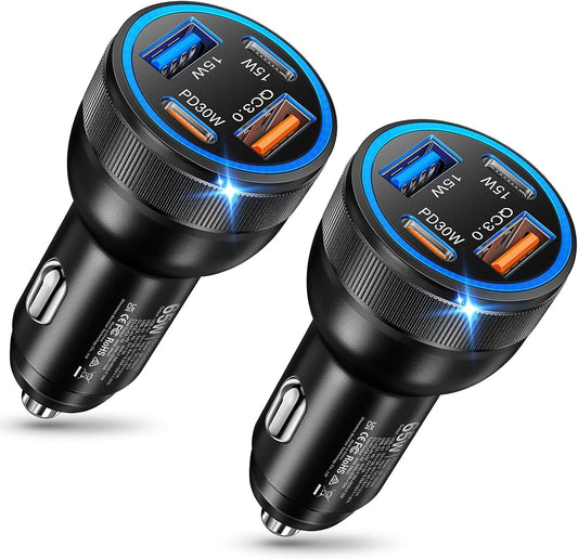 Car Charger, 4-Port 65W Dual USB C & USB-A Cigarette Lighter USB Charger, 2 Pack Multiport Type C Car Charger Adapter Phone Plug Cargador Carro Fast Charging for iPhone 17 16 15, iPad, Galaxy, Tablet