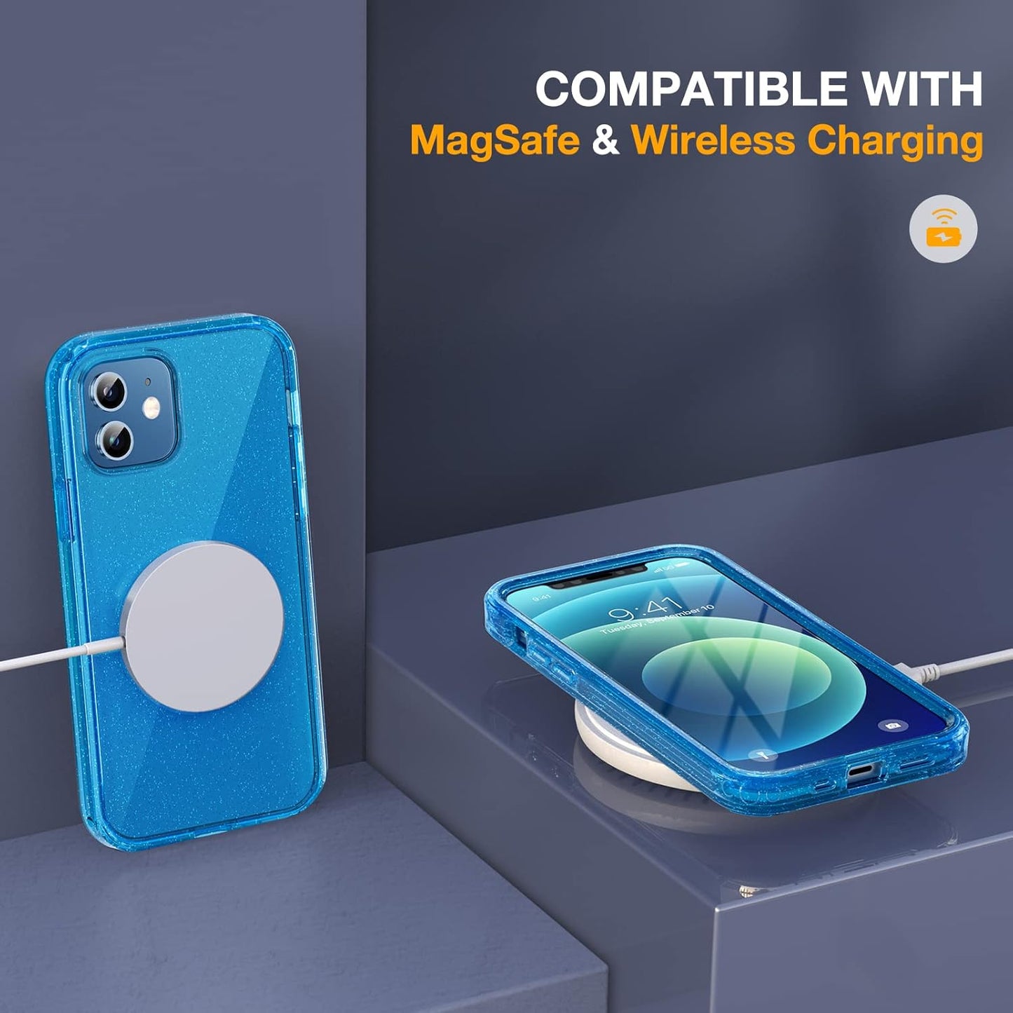 Miracase for iPhone 12/12 Pro Case 6.1 inch, Upgraded Full-Body Rugged Phone Bumper Case Cover with Built-in 9H Tempered Glass Screen Protector and Camera Protector, Glitter Blue