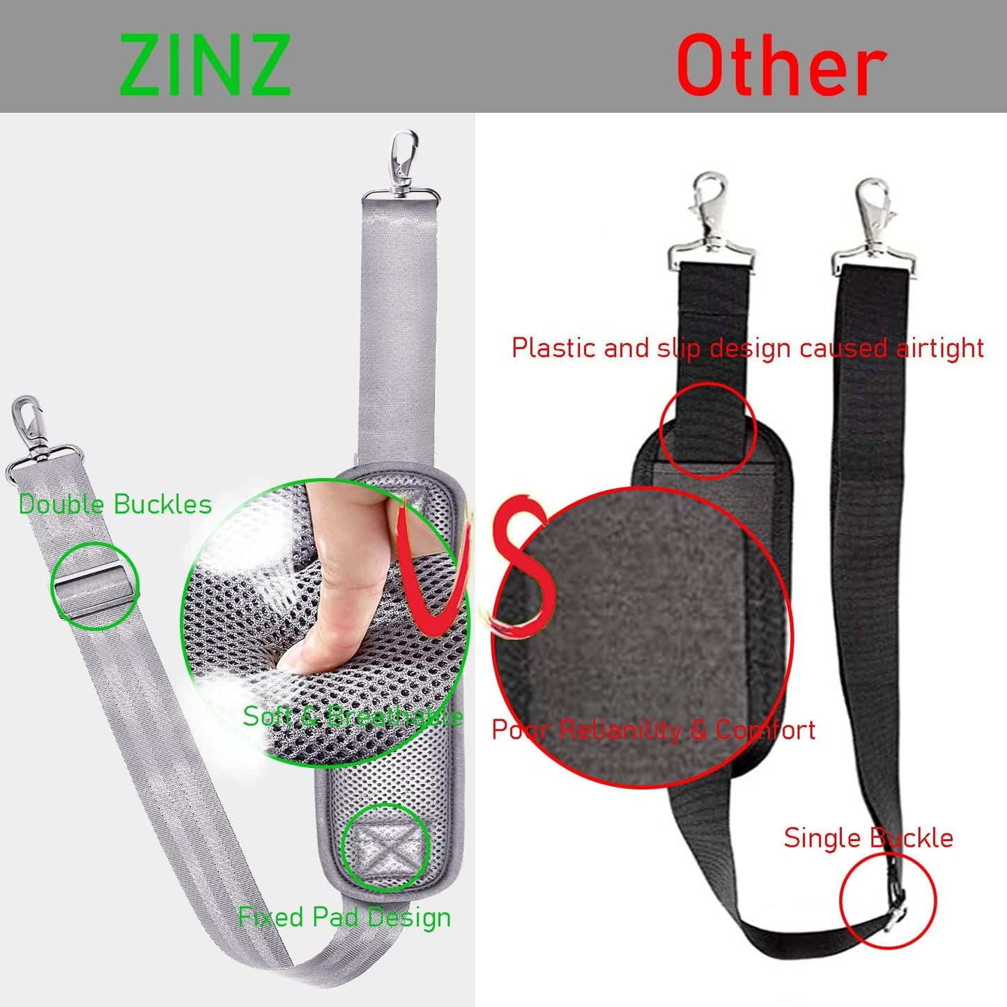 ZINZ 77 Inch Shoulder Strap Univesal Bag Strap with Fixed Pad Ultra Thick Plus Long & Breathable Cushion, Replacement Strap for Bags,Gray