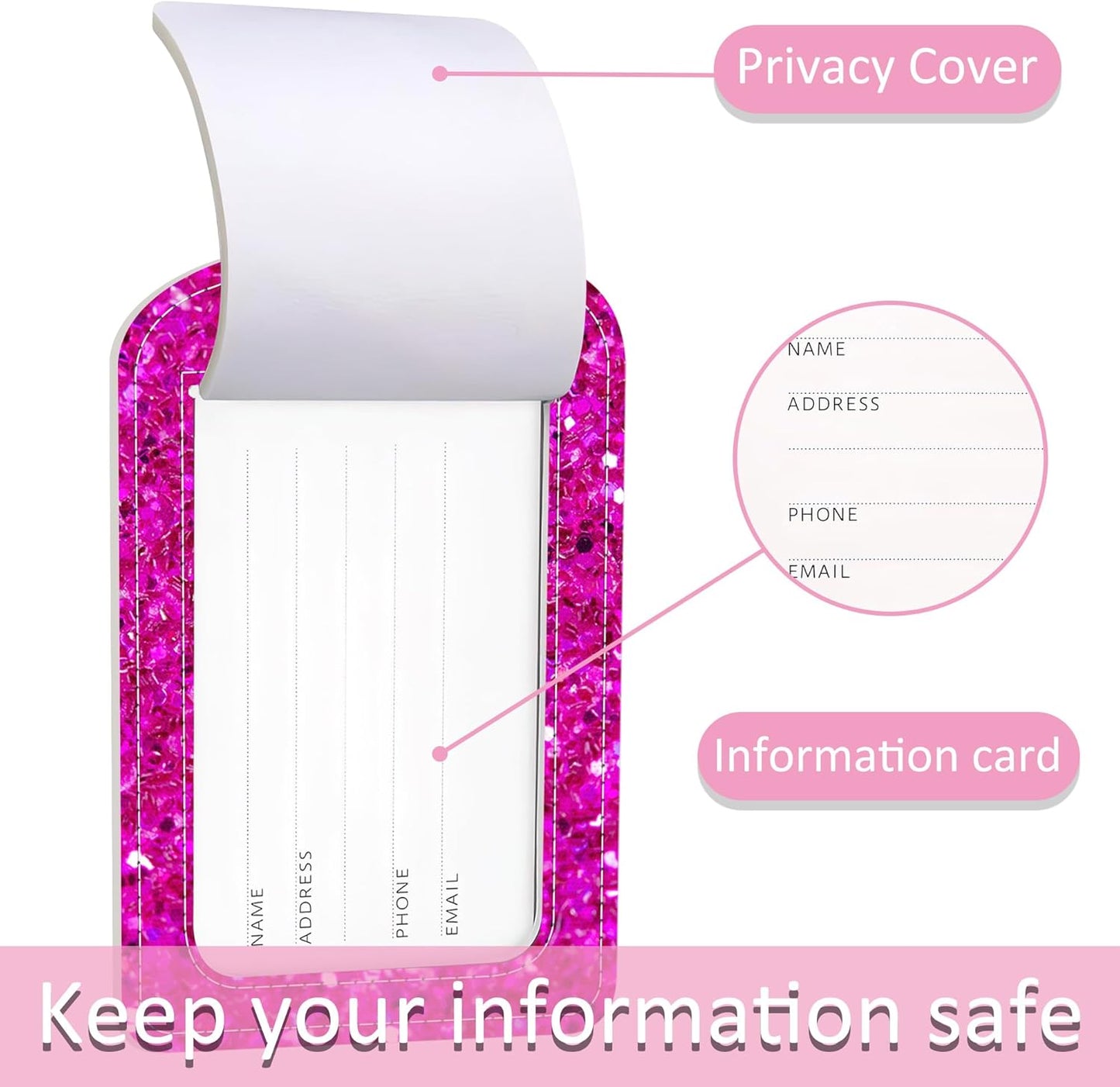 Luggage Tags for Suitcase,2 Pack Pink Glitter Print Luggage Tag,PU Leather Id Label Luggage Tags with Stainless Steel Loop and Privacy Cover for Women Men Teens Travel