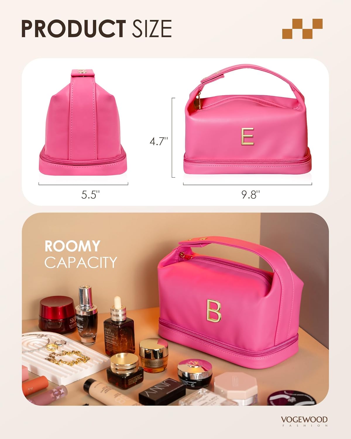 Gifts for Women, Makeup Bags with Handle, Initial Double Layer Cosmetic Bag with Makeup Brush Organizer, Cute Cosmetic Pouch for Women, Gifts for Daughter Friends Female Mom