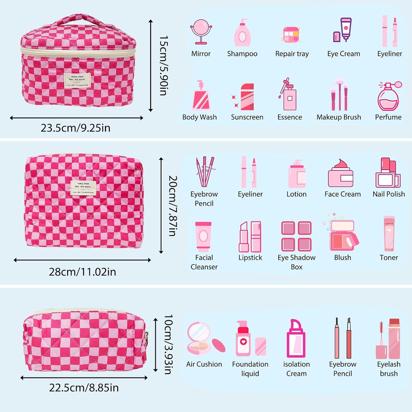 Quilted Makeup Bag, Large Capacity Travel Cosmetic Bag for Women and Girls, Aesthetic Storage for Daily and Travel Use (3pcs-PinkChecker)