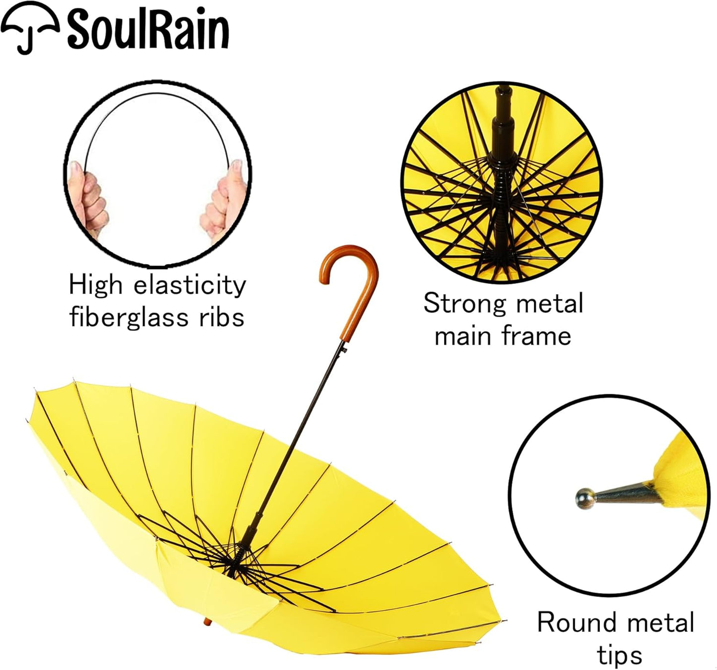 SoulRain 16 Ribs 48" Stick Umbrella Auto Open Solid Color Fashionable and Simple，Arc Classic Wood Handle，Windproof Unbreakable Stick Rain Umbrella