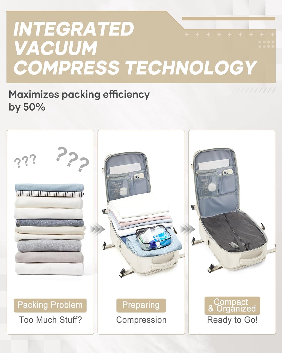 suwasp Vacuum Compression Backpack, 45L Expandable Travel Backpack with Electric Vacpack Pump, Travel Vacuum Bags with Shoe Compartment/17inch Laptop Compartment/USB Port, Beige