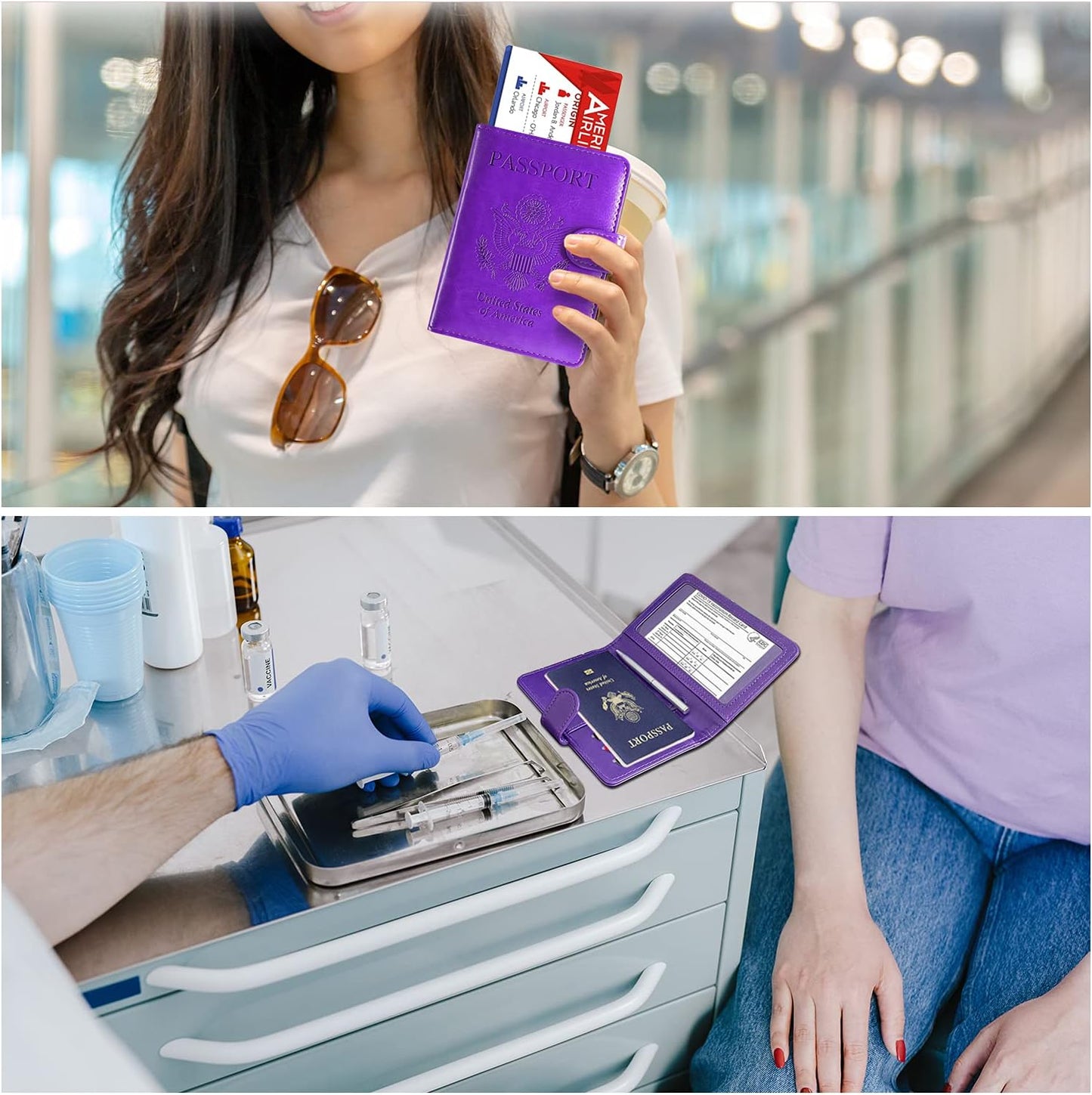RSAquar Unisex Faux Leather Passport and Vaccine Card Holder Combo, Purple, Slim and Lightweight with RFID Blocking Technology