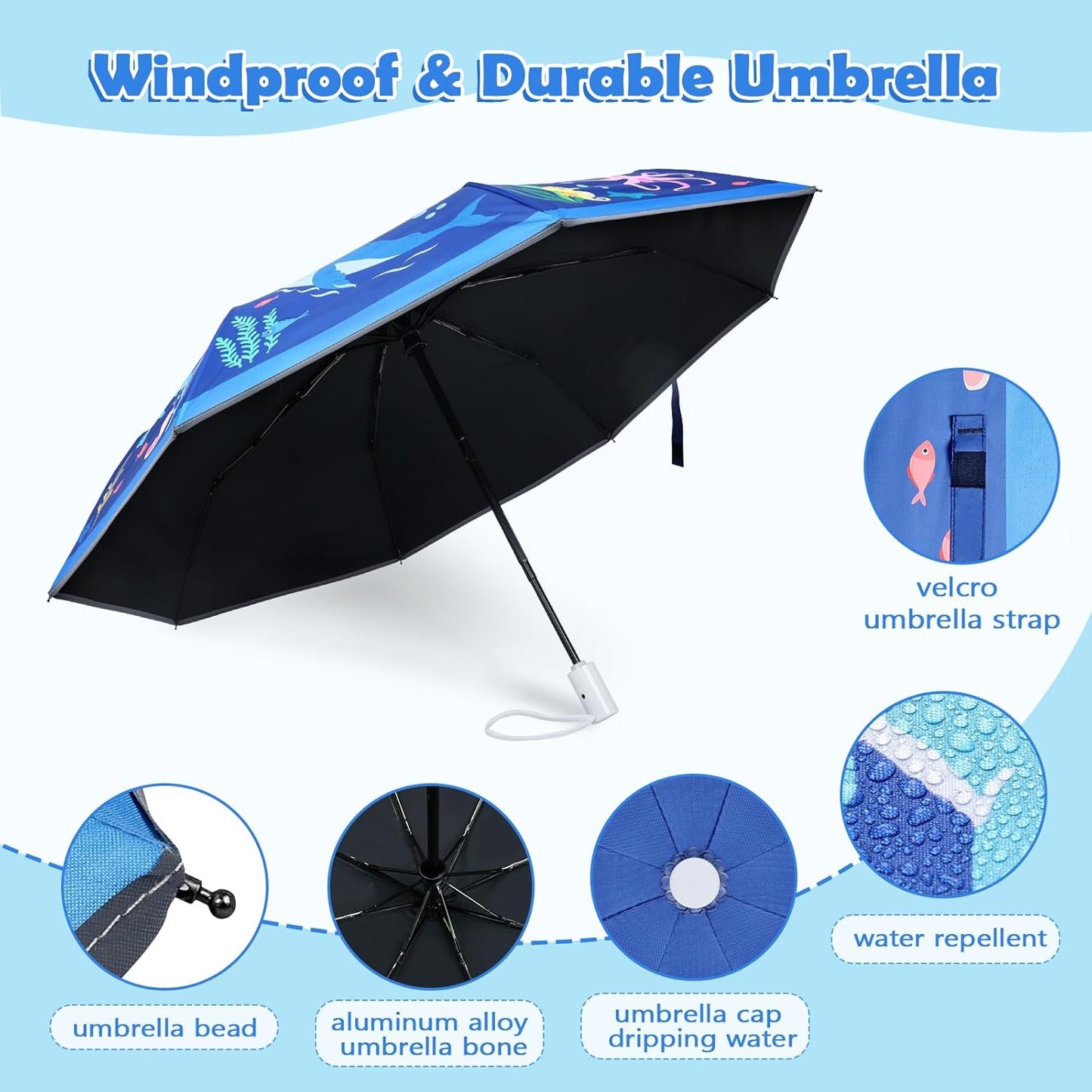 Kids Folding Umbrella Auto Open/Close Anti-rebound Safe Design UV Resistant Automatic Children Travel Umbrellas 8 Rib Reinforced Canopy 360° Reflective Strip Lightweight Cute Umbrella for Girls & Boys