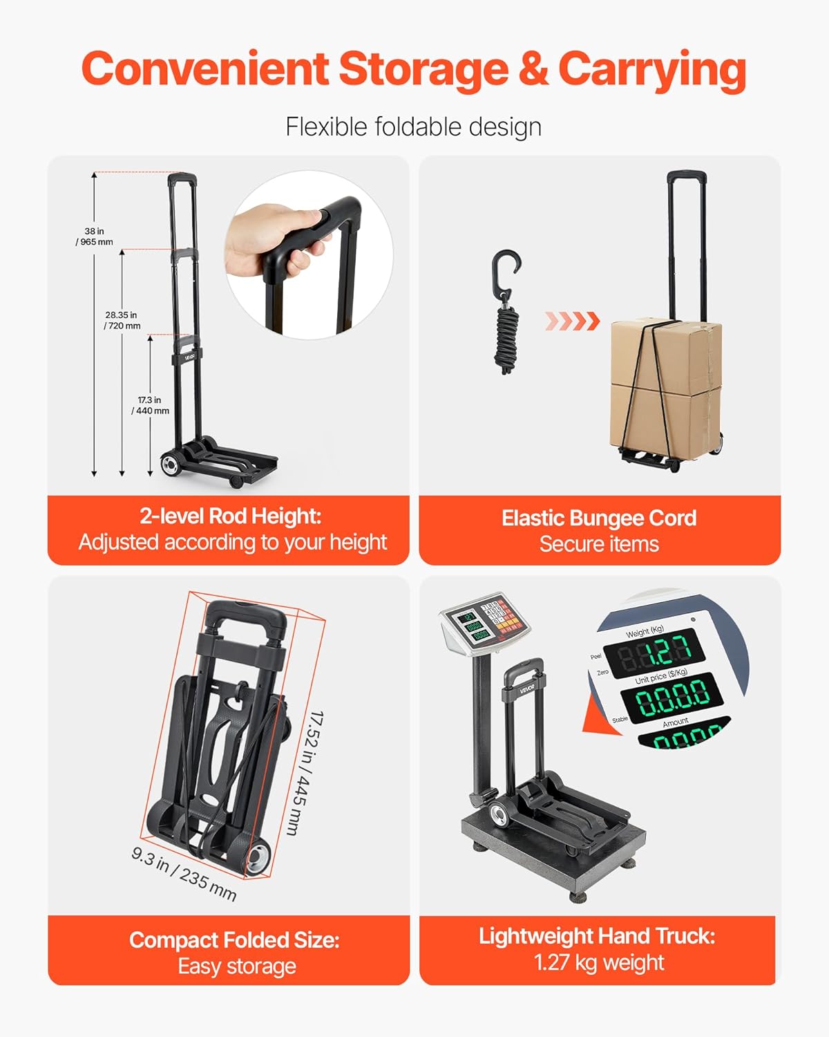 VEVOR Folding Hand Truck, 110 lbs Load Capacity, Collapsible Luggage Cart with 2 Wheels & 1 Elastic Rope, Utility Dolly Platform Cart for Airport Travel Furniture Luggage Office Moving, Black